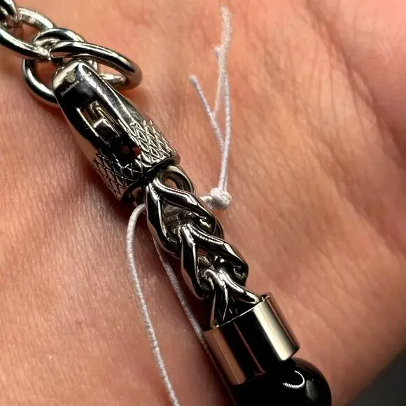 Blackjack BJB220NX Mens Genuine Onyx Bead & Stainless Steel Franco Bracelet NWT